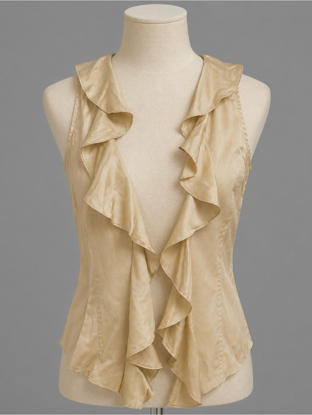 Cache Beige Open Front Ruffle Accent Draping Vest Top